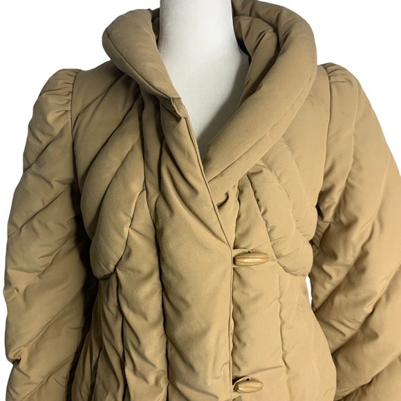 Vintage 80s Snowbird Goose Down Coat XS Tan Quilted Puffer High Collar Button Zi - Picture 2 of 10